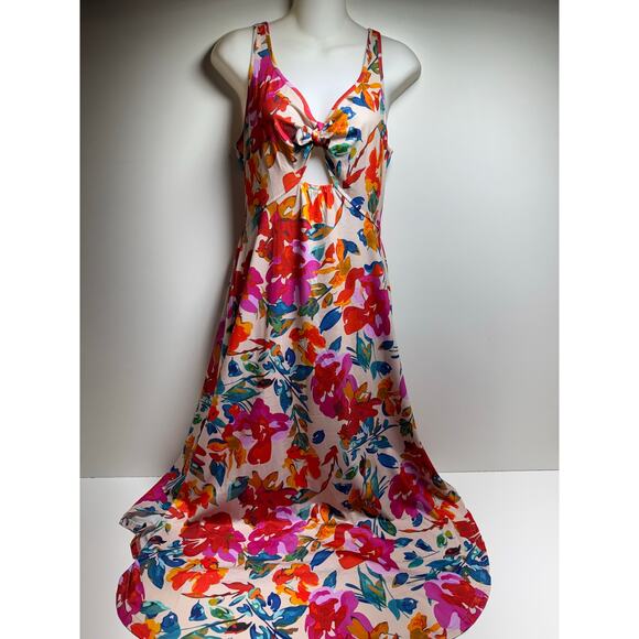 Y2K Halter Midi Dress Sz M Floral Orange Pink Teal Side Slits New Tropical Beach - Picture 2 of 9